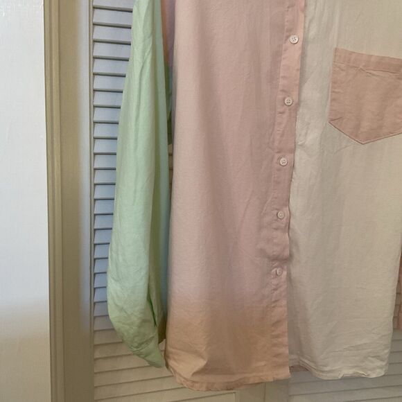 Storets Womens Color Block Long Sleeve Button-Up Blouse Green Pink, S/M - Picture 5 of 11